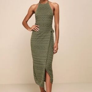 Lulu's Olive green crochet faux wrap halter midi dress